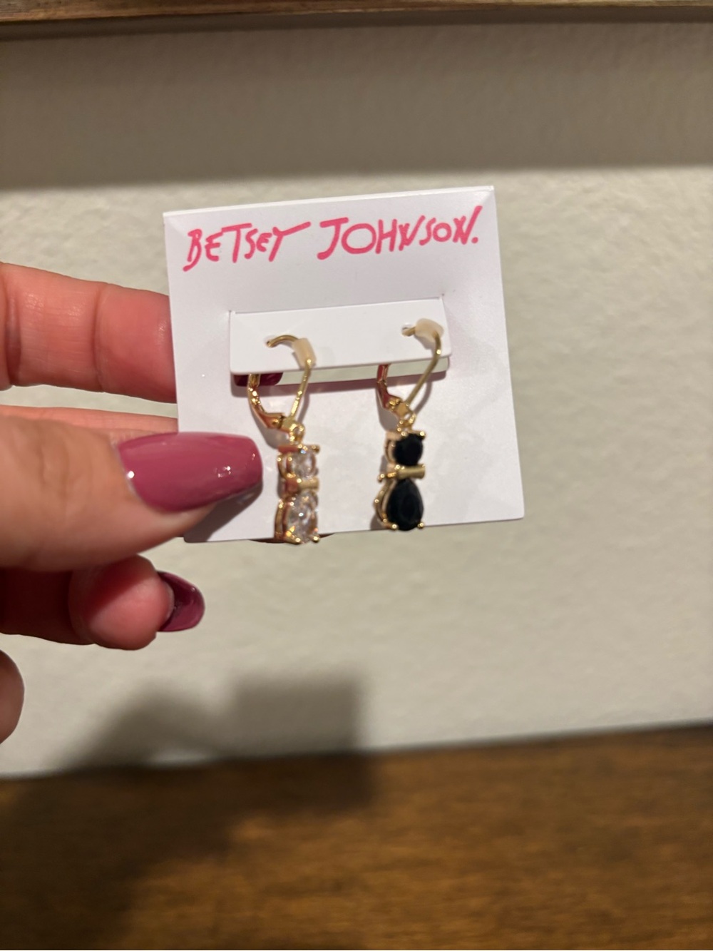 Betsey Johnson Gold Tone Mismatch Cat Earrings with Black and Clear Stones - Picture 2 of 6